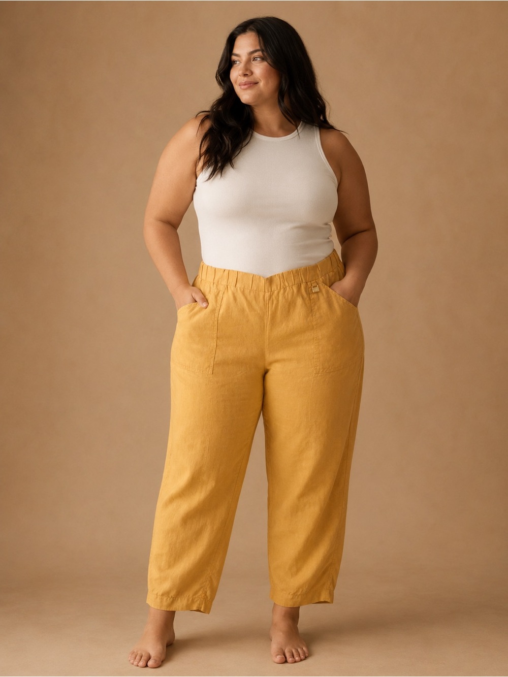 Plus-Size Mustard Elastic-Waist Linen Pants